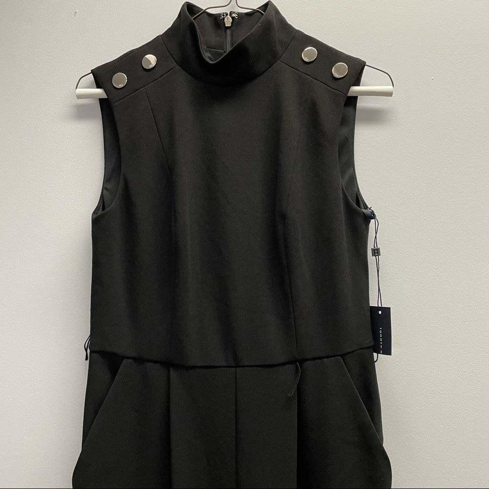 𝅺Tommy Hilfiger Women's Jumpsuit Black Size 2 Mock Neck Belted Button - Picture 3 of 9